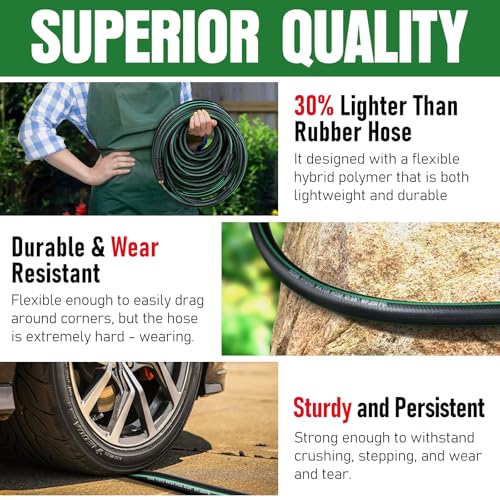Heavy Duty Garden Hose 49ft, NON-EXPANDABLE Flexible Water Hose, Kink Resistant Lightweight Hybrid Hose, Leakproof Hose Male to Female Fittings - color: Black+Green, size: 49ft