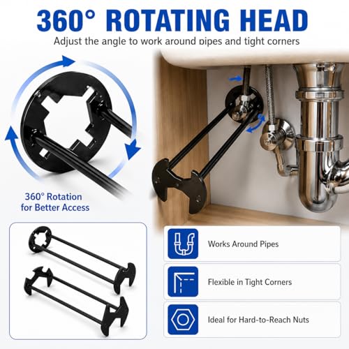 2PCS Basin Wrench, Under Sink Faucet Tool for Tight Spaces | 7 fixed openings, 360° rotating head, narrow cabinet access, metal build, installation and removal support