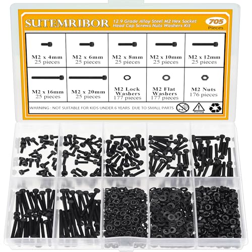 705 Pieces M2 Screws Nuts Washers Set Black, Sutemribor M2 x 4/6/8/10/12/16/20mm Hex Socket Head Cap Screws Nuts Washers Assortment Kit, 12.9 Grade Alloy Steel, Fully Threaded - size: M2 x 4/6/8/10/12/16/20mm Kit, style: Socket Head
