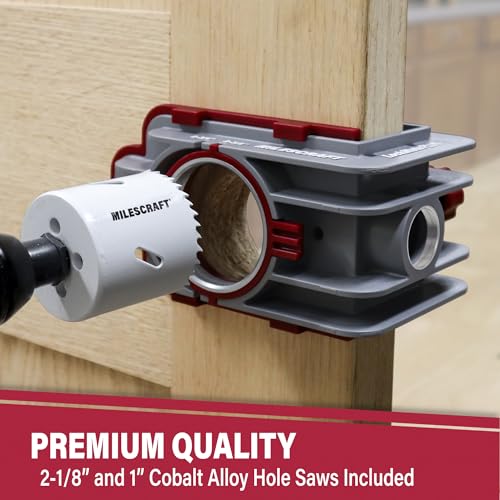 Milescraft 1338 Lock Mate PLUS – Self Clamping, Professional Door Lock Installation Kit, Door Lock Jig for Wood/Metal Doors with 1-3/8” and 1-3/4” Thickness. Bi-Metal Cobalt Hole Saws Included