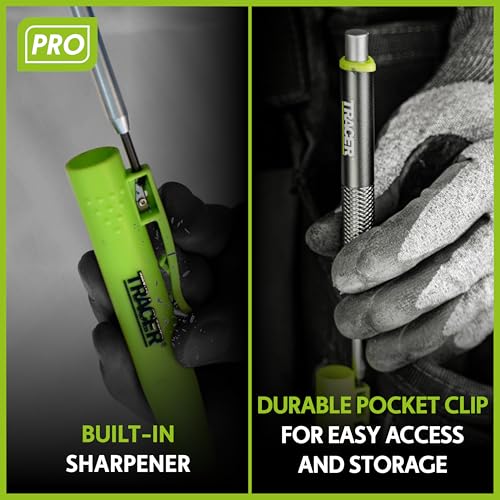Tracer Pro Aluminum Deep Hole Construction Pencil - Durable Mechanical Carpenter Pencils Set with Sharpener & 6 Replacement Leads Holster Woodworking Marking Tool Contractor Pencil Kit - style: 2.8mm Deep Hole