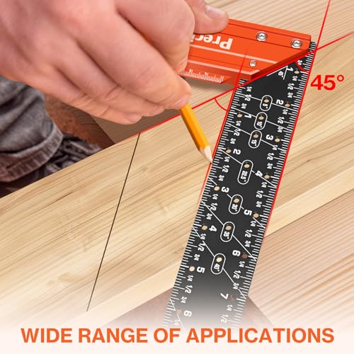 Preciva 12" Aluminum Carpenter Square (1/16" Scale)- Multifunctional Right Angle Ruler with Level Bubble - Angle Guides for Woodworking, Framing & DIY