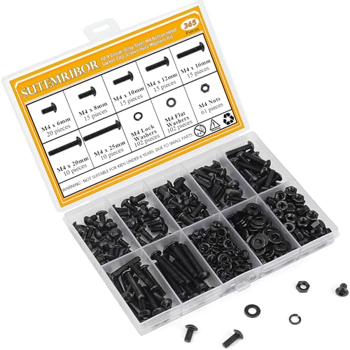 365 Pieces M4 Screws Nuts Washers Set Black, Sutemribor M4 x 6/8/10/12/16/20/25mm Button Head Socket Cap Screws Nuts Washers Assortment Kit, 10.9 Grade Alloy Steel, Fully Threaded - size: M4 x 6/8/10/12/16/20/25mm, style: Button Head