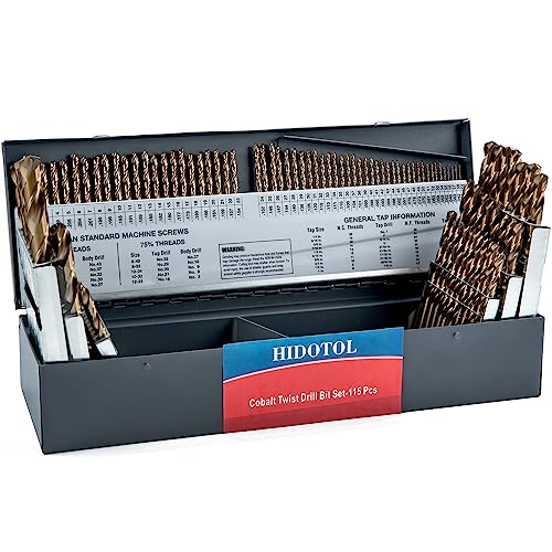 HIDOTOL 115PCS Cobalt Drill Bit Set M35 HSS for Hardened Steel Fractional 1/16"-1/2", Letter A - Z, Wire #1 - #60 with Indexed Metal Case - size: Cobalt 115 PCS - Sturdy Metal Box