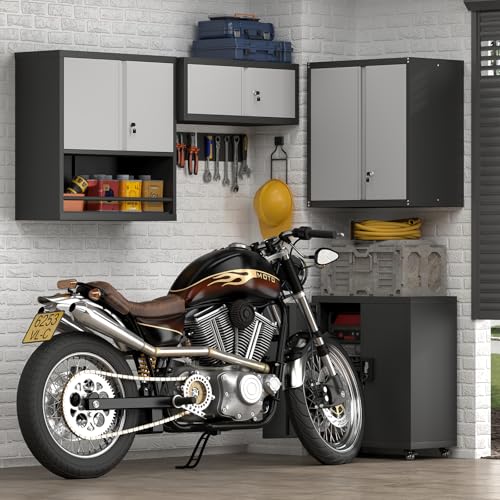 Garage Locking Cabinet, Wall Storage Cabinet with Shelves, Hanging Cabinets with Open Storage, Small Wall Cabinet, Lockable Tool Cabinet for Basement, School, Office - color: 31"h - Grey/Black