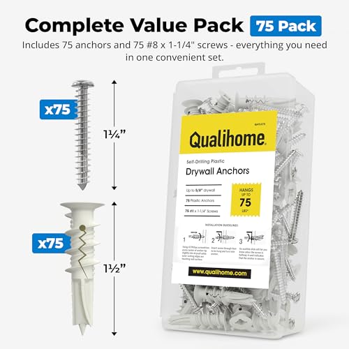 Qualihome Drywall Anchors with Screws – Self-Drilling Drywall Anchors, Anti-Spin Grip, No Pre-Drill Wall Anchor Kit, Strong & Reliable Hold, 75 Pack (150 Pieces) - style: 75 Pack (150 Pieces)