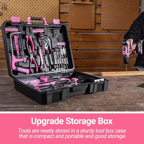 Pink Power Drill Tool Kit Set: 20V Cordless Electric Drill, Driver, Tool Box with Battery - color: Pink