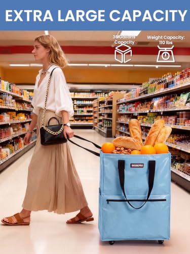 WORKPRO Large Rolling Grocery Bag, 36-Gallon Rolling Tote with 5 Wheels - color: Dusty Blue, size: Large