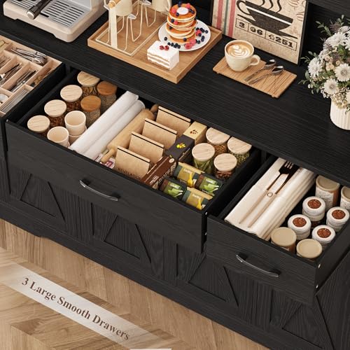 HOSTACK 71" H Kitchen Pantry Cabinet, 55" Kitchen Hutch, Black Wood Grain | Large Pantry Cabinet with Charging Station / Countertop / 3 Drawers, Farmhouse Hutch Cabinet with Storage for Dining Room - color: Black Wood Grain