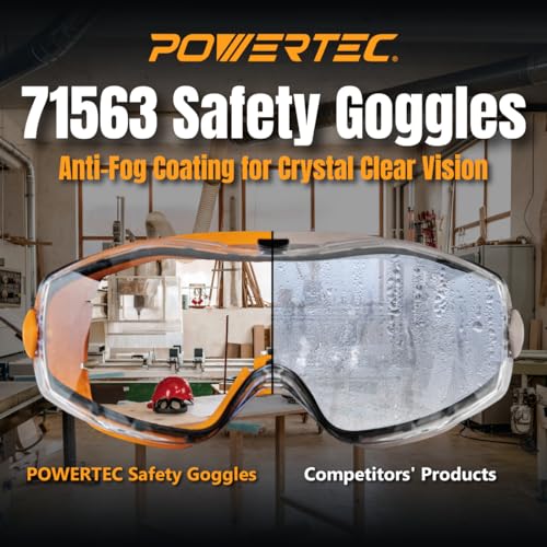 POWERTEC Safety Goggles Over Glasses, Scratch Proof UV Protection Anti-fog Safety Goggles, Chemical Splash Protective Eyewear W/Adjustable Headband for Woodworking, Mowing, Construction (71563)