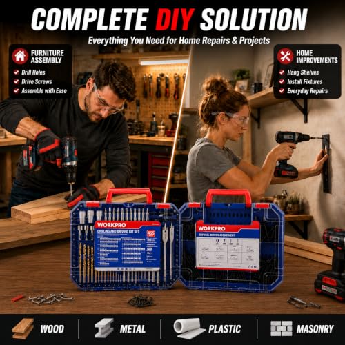 WORKPRO Drill Bit Set, 455Pcs Drill Bits and Screwdriver Bit Set w/Screws