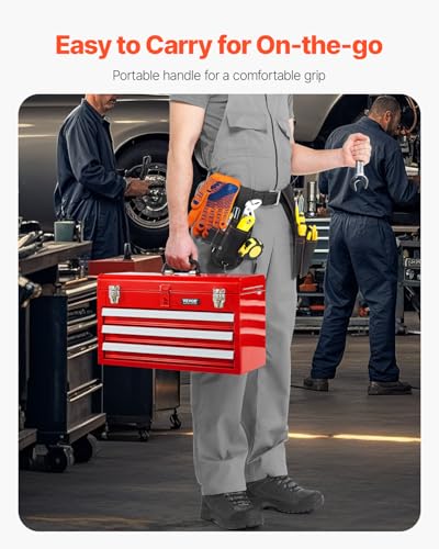 VEVOR Metal Tool Box, 20.5-inch, Portable Metal Tool Box with 3 Drawers, Small Tool Chest with EVA Liners, Ball Bearing Slide Drawers Locking & Powder Coated Finish, Multi-Function Tool Organizer, Red - size: 3 Drawers-Red