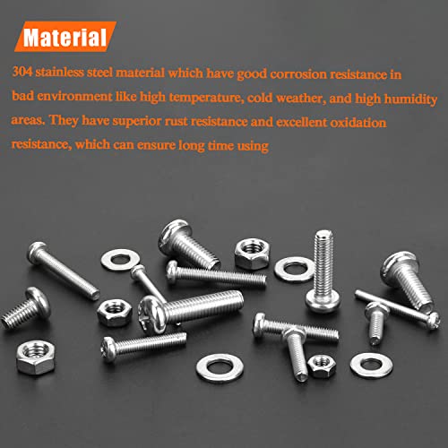 HELIFOUNER 1280 Pieces M2 M3 M4 M5 Phillips Pan Head Machine Screws, Flat Washers and Nuts Assortment Kit, 304 Stainless Steel - size: M2 M3 M4 M5