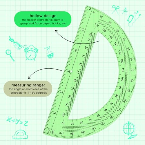 Zonon 2 Pcs 12 Inch Clear Ruler and 6 Inch Plastic Protractor Set, Green - color: Green