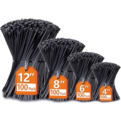 Zip Ties Assorted Sizes(4”+6”+8”+12”), 400 Pack, Black Cable Ties, UV Resistant Wire Ties by ANOSON - size: 4"+6"+8"+12"/400 Pack