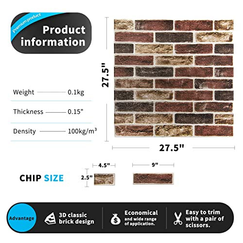 Art3d 20-Pack Durable Faux Brick Peel and Stick 3D Wall Panels, Red Brown - color: Red brown, size: 20pcs-27x27inch