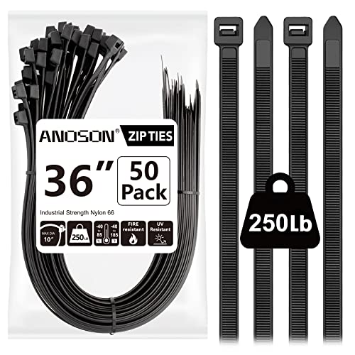 Large Zip Ties 36 inch (50 Pack), Long Zip Ties Heavy Duty with 250 lb Tensile Strength, Big Cable Ties, Black, by ANOSON - size: 36"/50 pk (250 Lb)