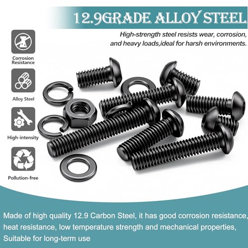 mxuteuk 204PCS M6 Screws,M6x8/10/12/16/20/25/30/35mm Hex Button Head Cap Bolts with Nuts & Washers,10.9 Grade Alloy Steel Black Zinc Screws Assortment Kit for 3D Printing,DIY - size: 204PCS M6