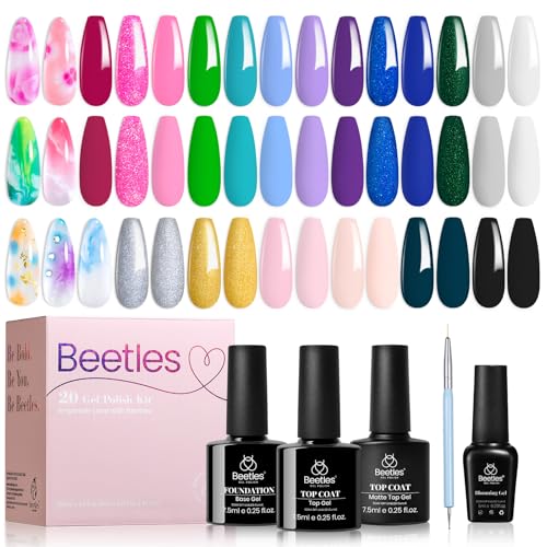 Beetles Gel Nail Polish with Blooming Gel -19 Colors Gel Nail Polish | Pink Green Blue Purple Neon Gel Nail Polish 3Pcs Base&Glossy Matte Top Coat,Clear Polish for Spreading Effect Soak off UV - color: 3-20 Light-years Away