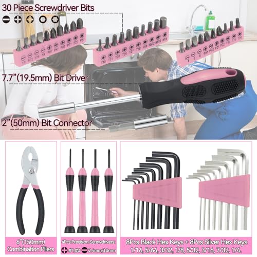 MARTCOLOR Pink Household Tool Set for Women with Storage Case, 58-Piece - color: Pink