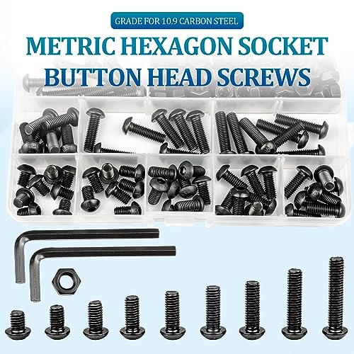 NINDEJIN M6 Button Head Socket Cap Bolts Screws, Metric M6 x 8/10/12/14/16/18/20/25/30mm Screws Bolts Nuts Assortment Kit, 146Pcs Allen Hex Drive, Black Oxide, 10.9 Carbon Steel, Fully Threaded - size: 146PCS M6 8mm-30mm