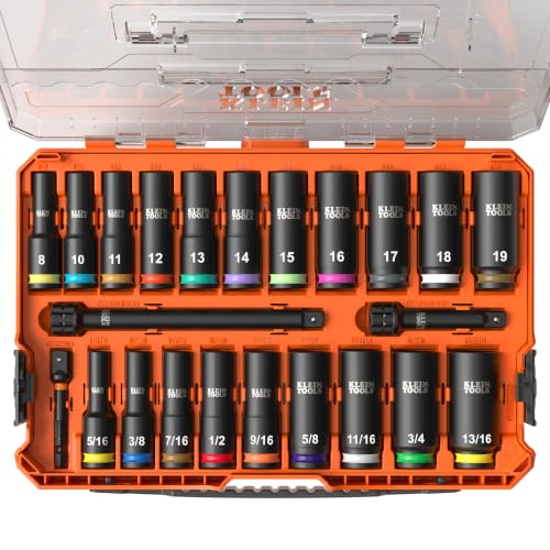 Klein Tools 65121IMPCT KNECT Deep-Well 3/8-Inch Drive Impact Socket Set, SAE and Metric, 23-Piece Tool Set, Impact Driver Adapter, Multi-Purpose Wrench Adapter, Color-Coded, MODbox Socket Organizer - style: 23-Piece Metric & SAE Set