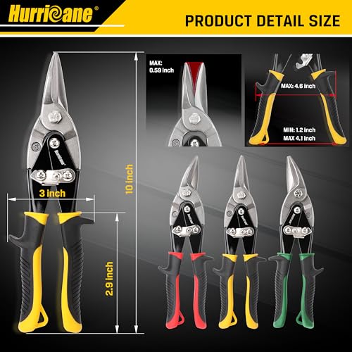 HURRICANE 3 pc Aviation Tin Snips Set, 10 Inch Metal Shears for Straight, Left & Right Curves, Cr-V Steel Blades, Non-Slip TyreGrip Handle, Safety Latch, for Sheet Metal, Gutter, HVAC, DIY - size: 3 Piece Regular Set: Straight, Left, Right