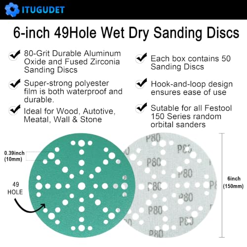 6 Inch 49 Hole Wet Dry P80 Grit Sanding Discs - 50 Pack Box - color: 80 Grit, size: 6 Inch 49 Hole
