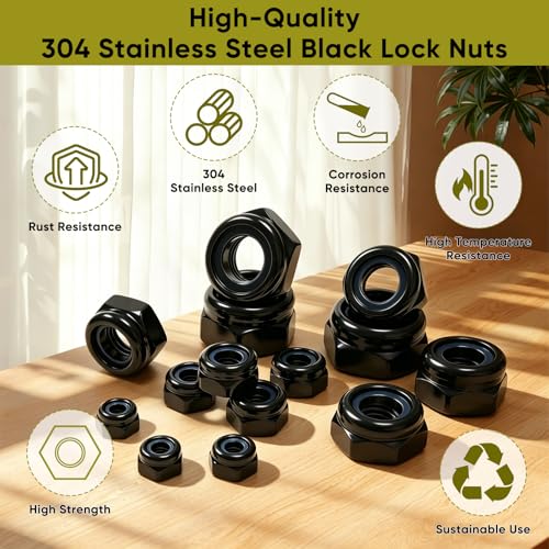 Dpyrrhic 180 Pcs Locknuts Assortment Kit,Black 304 Stainless Steel Lock Nuts Kit Metric Nylon Insert Lock Nuts Set,M3 M4 M5 M6 M8 M10 M12 Size Assortment Kit