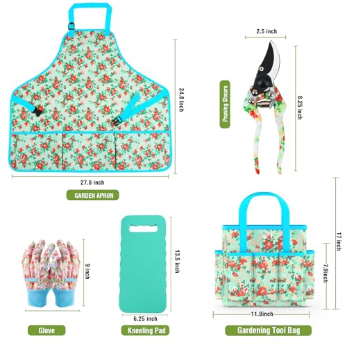 Garden Tools Set, JUMPHIGH 10 PCS Heavy Duty Gardening Tools Includes Hand Trowel Rake Weeder Pruner, Gardening Gifts for Women, Garden Kit with Tote Bag, Apron, Gloves, Kneeling Pad - color: Blue Green