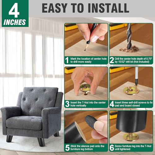 FoDau770 Rubber Wood Legs 4", Slant Taper, 5/16"-18 Thread, Black, 4pcs | Wood Couch legs - Mid Century Sofa Legs - Furniture legs Replacement for Cabinet Dresser Chair Ottoman - color: Black, size: 4 Inch - Slanted (80°)