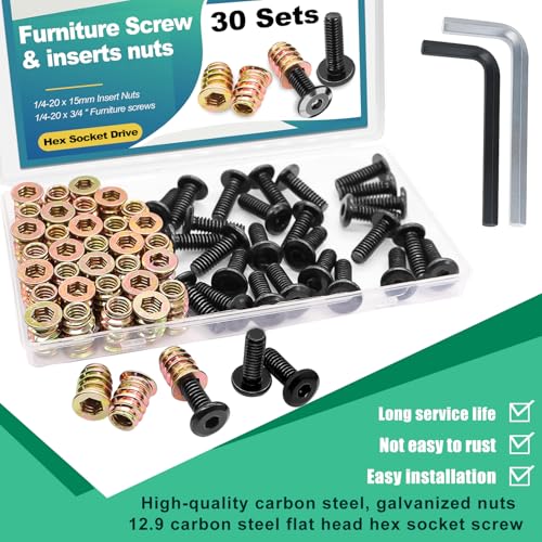 Twidec/30 Sets 1/4-20x15mm Threaded Inserts for Wood Furniture Screw Nut Kit Bolt Fastener Connector with 1/4-20x20mm Screw-in Nuts and Hex Wrench N-083-30set - size: 1/4"-20 x 15mm with Bolts (30 Sets)