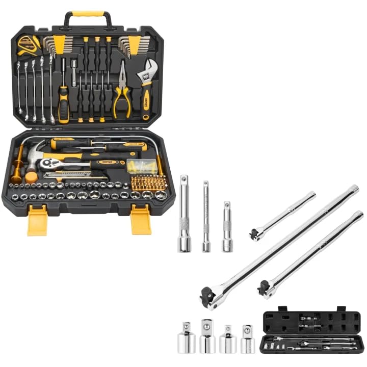 Home Tool Kit with Breaker Bar & Extension Bar Set - General Household Repair Hand Tools (Hammer, Pliers, Wrench) Includes Socket Adapters & Heavy Duty Leverage Bars for DIY Auto Repair & Maintenance