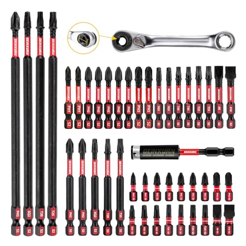 GEINXURN Impact Tough Magnetic Mixed 46Pack Insert Driver Bits, S2 Alloy Steel Screwdriver Power Bits Set with 1Pcs Impact Magnetic Bit Holder and Mini Wrench - size: MIXED-46PC