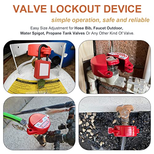Gate Valve Lockout and Safety Padlock, 2Sets, Hose Bib Lock for Outdoor Faucet Knob/Water Spigot/Propane Tank, 1 to 2-1/2 in Dia Valve Handles, Plastic Red Secure Locks Device for Outside Garden Valve - size: 2 Pack with Padlock