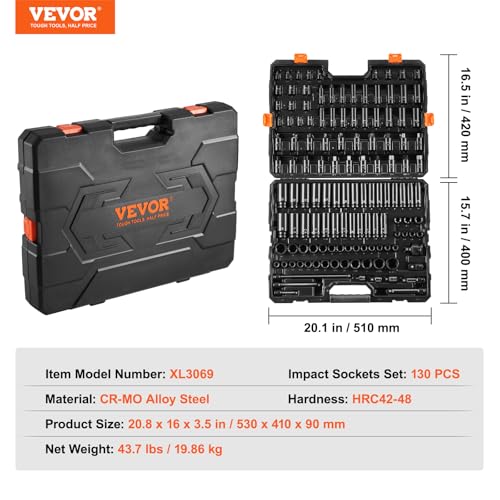 VEVOR Impact Socket Set 130 Piece 3/8" & 1/2" - SAE & Metric Drive Socket Set - 6 Point Cr-Mo Alloy Steel for Auto Repair - Easy-to-Read Size Markings - Includes Storage Case - size: 1/2" 3/8" 130 PCS