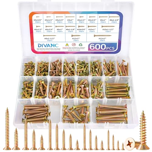 600Pcs Stainless Steel Zinc Plated Wood Screws Assortment Kit, #4#6#8#10#12 Phillips Flat Head Sheet Metal Screws Self Tapping Screws Set,Length 3/8" to 2" (Gold-Flat Head) - color: Gold