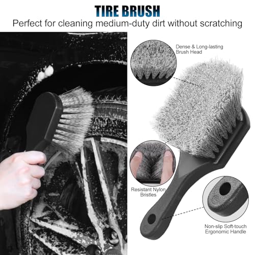 8Pcs Wheel Brush, Tire Brush, Wheel Cleaner Brush Set - 2 Soft Wheel Cleaning Brushes, Detailing Brush & Hard Tire Scrubber, Flexible and Durable Rim Cleaning Brush Kit for Wheels and Tires