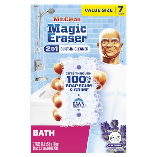 Mr. Clean Magic Eraser Sponge, Bathroom, Shower & Tub Cleaner, Soap Scum Remover, Bathroom Cleaning Supplies, Dawn Cleaning Power with Febreze Lavender Scent, 2 in 1 Bath, 7ct (Pack of 4) - size: 7 Count (Pack of 4)