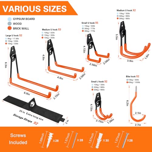 HUPBIPY 18 Pack Garage Hooks Heavy Duty, Wall Mount Ladder Hooks - color: 18 Pack Orange