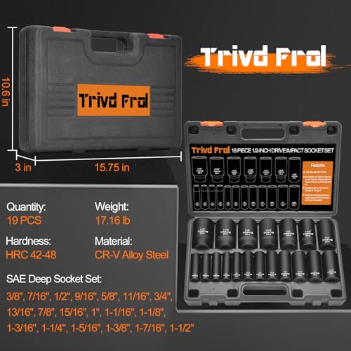 SAE Impact Socket Set 1/2" Drive - Trivd Frol 19 Piece Deep Socket Set