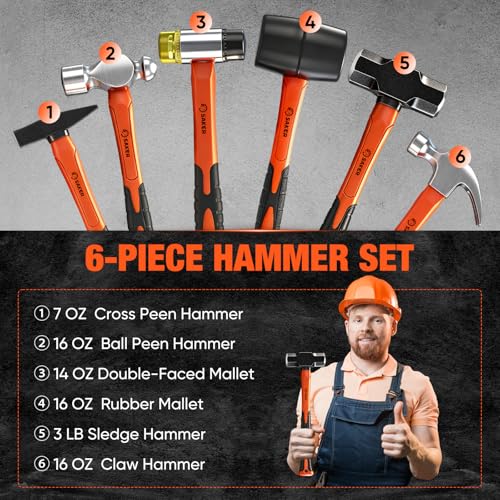 Saker 6-Piece Hammer Set, 3lb Sledge Hammer,16oz Rubber Mallet, 16oz Ball Peen Hammer & Claw Hammer, 14oz Double-Faced Mallet, 7oz Cross Peen Hammer for Home Repair & DIY Projects - size: 6 Piece