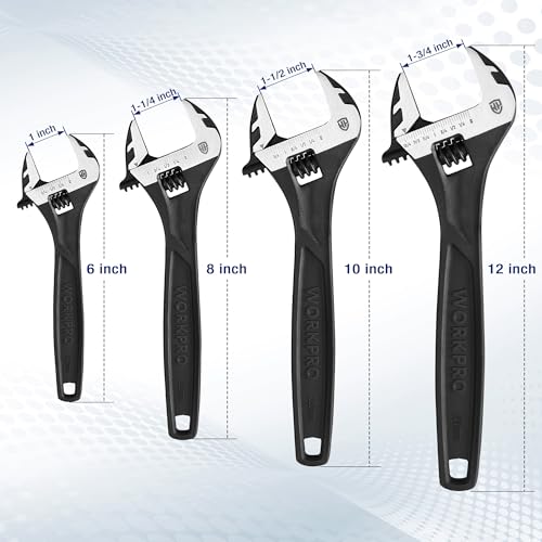 WORKPRO 4-Piece Adjustable Wrench Set, 6"-12", Cr-V Steel, Black Oxide - color: Black, size: 6 & 8 & 10 & 12 inch