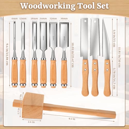 10 Pcs Woodworking Tools Set, Includes 6 Wood Chisel CR-V Steel Beveled Blades (1/4", 1/2", 3/4", 1", 1 1/4", 1 1/2"), 3 Japanese Hand Saws SK5 Blade & Solid Beech Mallet for Carpenter DIY
