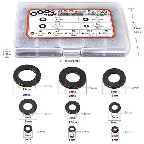 Black Nylon Washers Assortment kit for Bolts and Screws, M2 M2.5 M3 M4 M5 M6 M8 M10 M12 Plastic Flat Round Washers Assortment Set 720 Pieces-9 Sizes Nylon Washer Hardware Set - size: M2 M2.5 M3 M4 M5 M6 M8 M10 M12