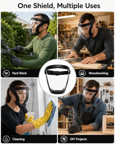 2 Pack Plastic Face Shield, Full Safety Face Protection Equipment with for Unisex and Adult, Reusable No Fogging Transparent Face Shield with Adjustable band, High-Definition Black