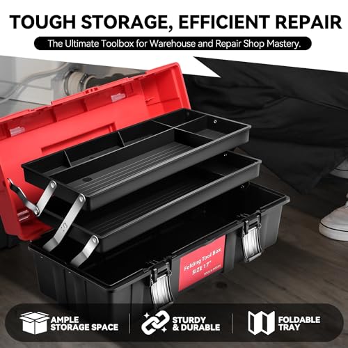 Auto Dynasty 3-Layer Folding Tool Box, Portable w/Non-Slip Handle Tray, Red - color: Red, size: 3-Layer