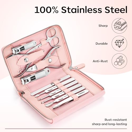 FAMILIFE Stainless Steel Manicure Set 11-in-1 Professional Nail Clipper Kit | Portable Leather Travel Case, Pedicure & Grooming Tools for Fingernails & Toenails, Luxury Gifts Set for Men & Women, Pink - color: Pink