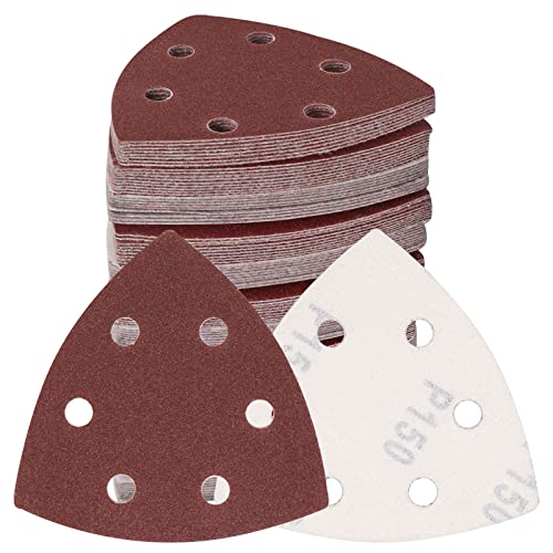 120 Pcs Triangle Sanding Pads, 150 Grits Detail Sander Sandpaper Hook and Loop Sanding Sheet,3.54"(90mm) Triangular Sandpaper for 3.5" Oscillating Multi Tool - size: 150 Grit, style: Hole