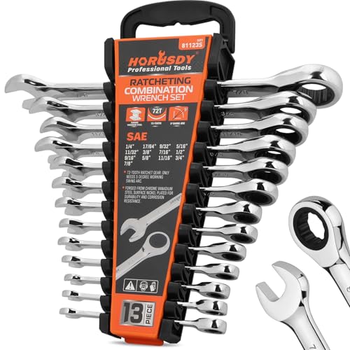 HORUSDY 13-Piece Sturdy Ratcheting Wrench Set | SAE 1/4''–7/8'' | Max Torque Ratchet Combination Wrenches Set with Storage Rack | 72-Tooth | Chrome Vanadium Steel - style: 13pcs SAE Ratchet Wrench Set